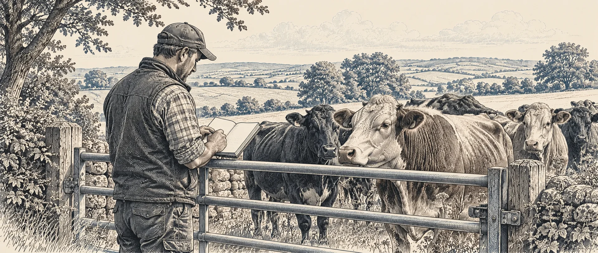Illustration of a livestock farmer working with cattle