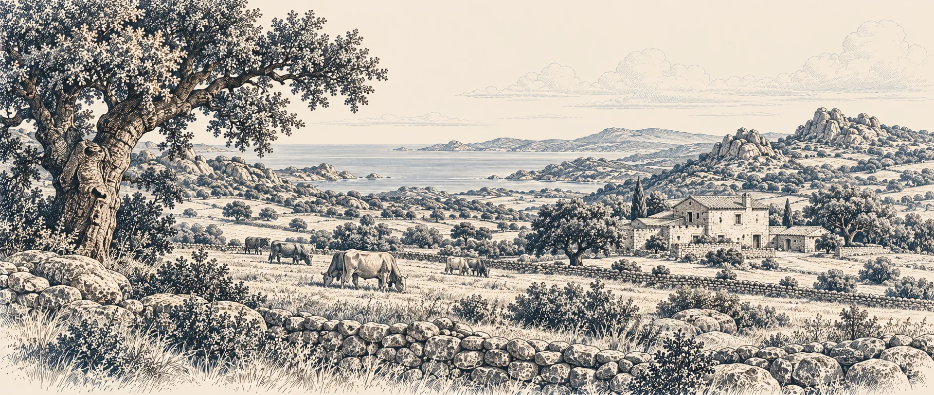 Illustrated Sardinian rural landscape