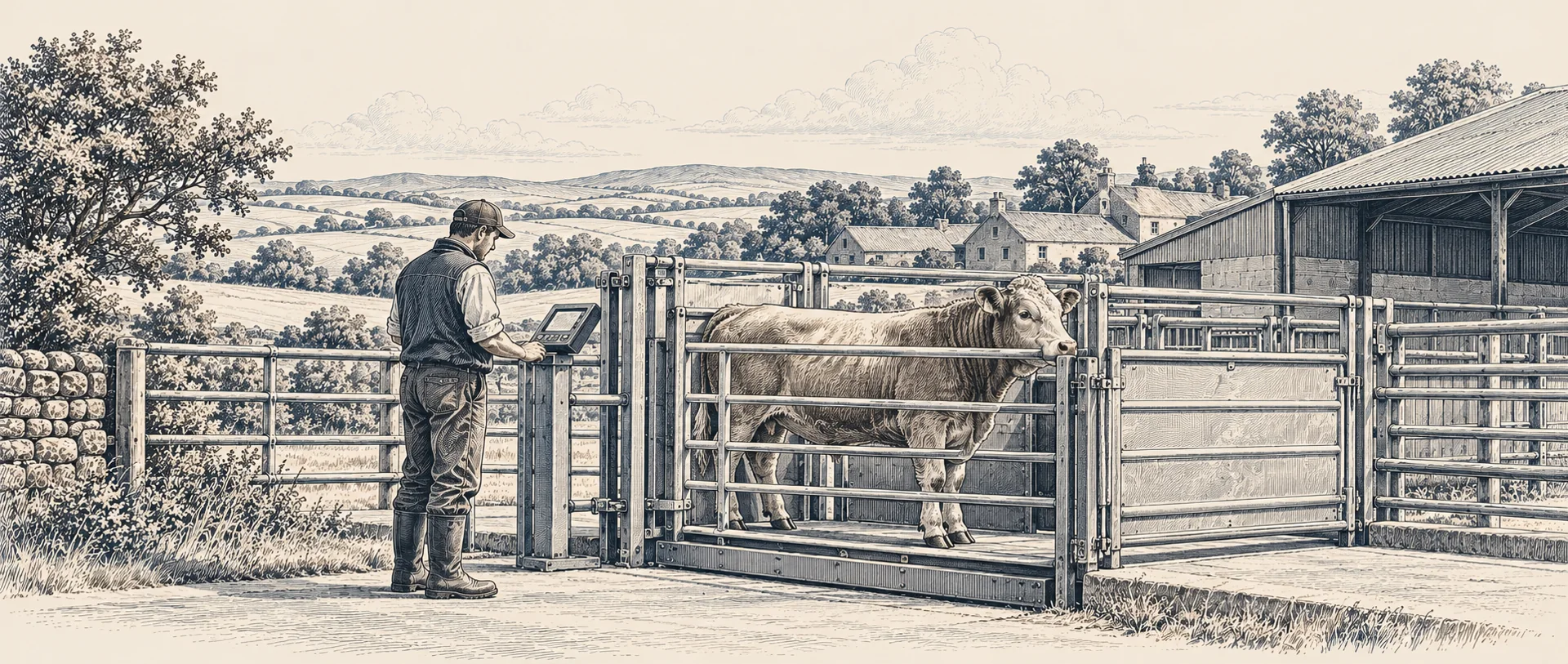 Illustration of livestock being assessed at a farm