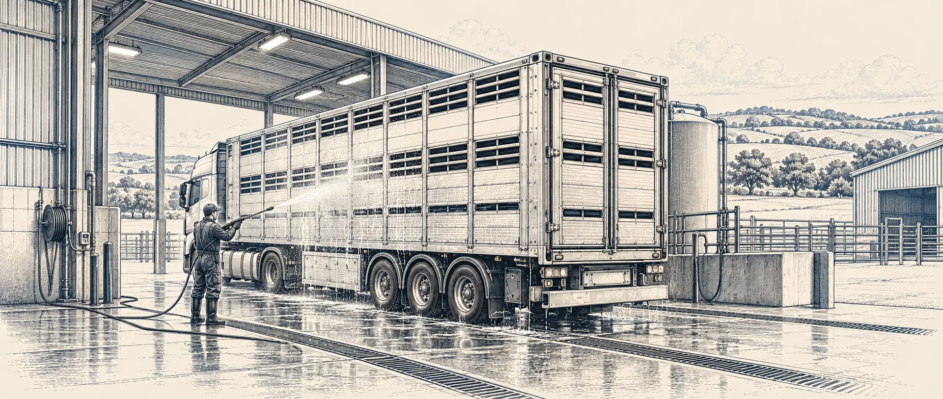Illustration of a livestock trailer at a wash bay
